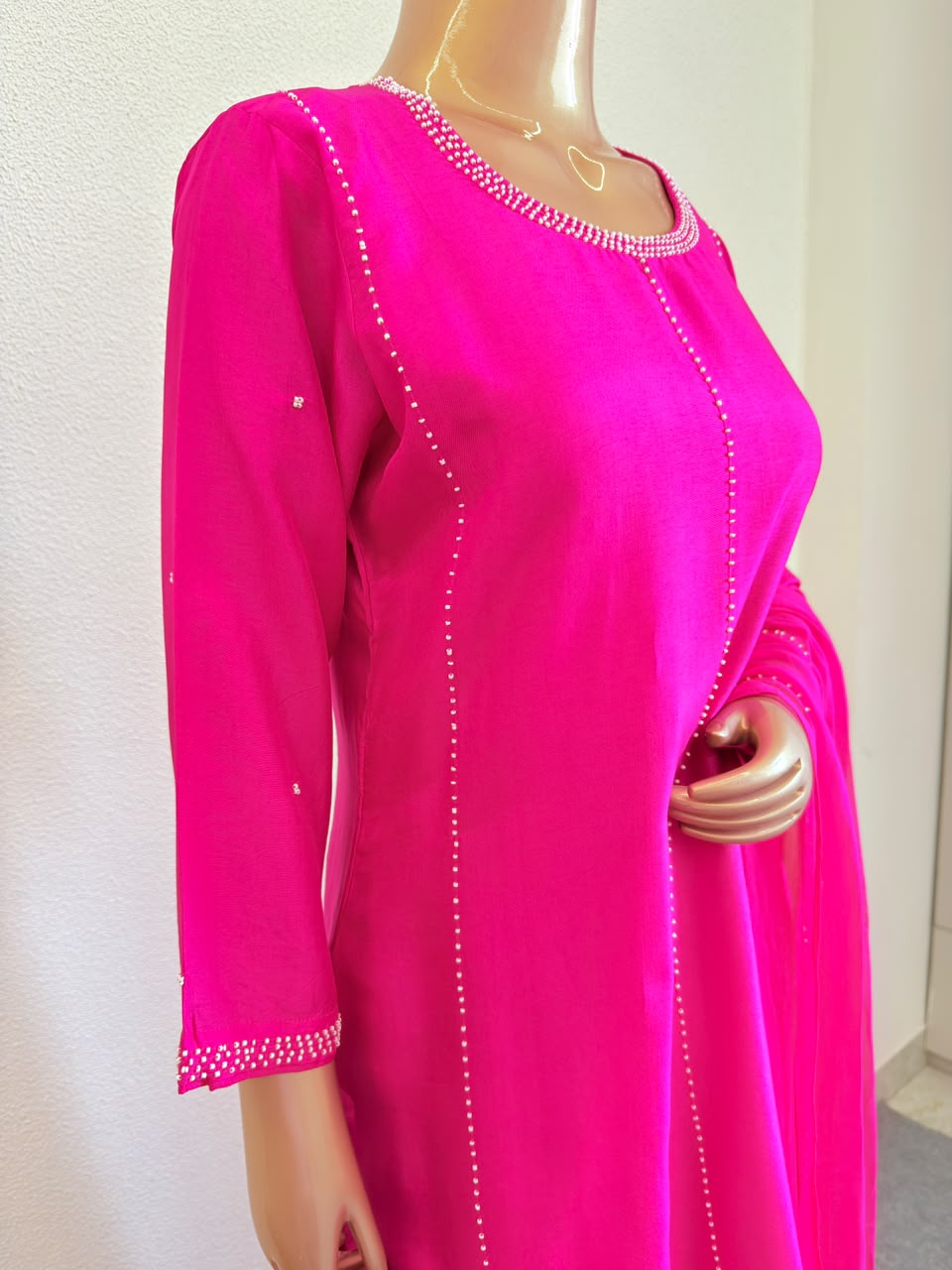 Premium Pearl Embroidered Silk Suit Set with Palazzo & Organza Dupatta