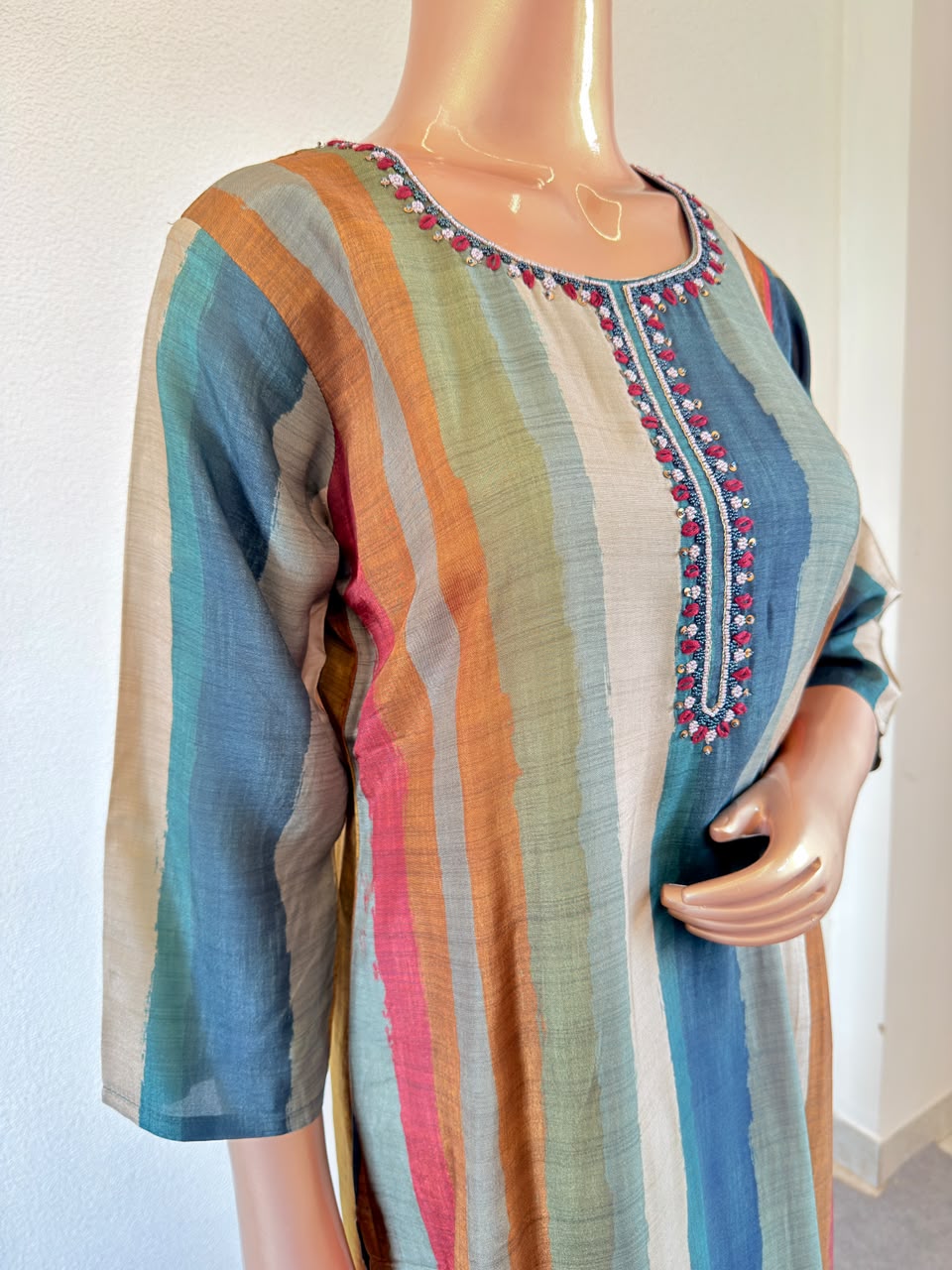 Striped Russian Silk Straight Suit Set with Embroidered Neckline & Printed Dupatta