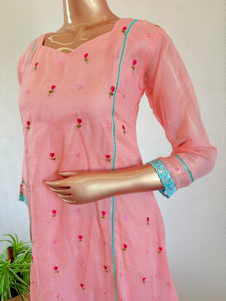 Rosebud Embroidered Kota Silk Straight Suit Set with Contrast Organza Dupatta