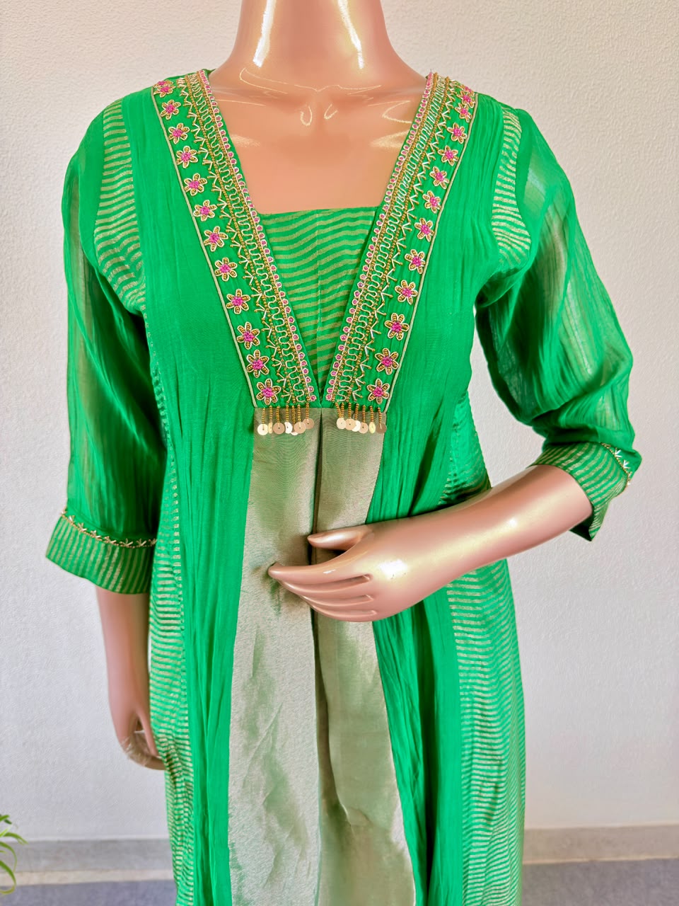 Embroidered V-Neck Mul Chanderi A-line Suit Set with Gold Tissue Pannels