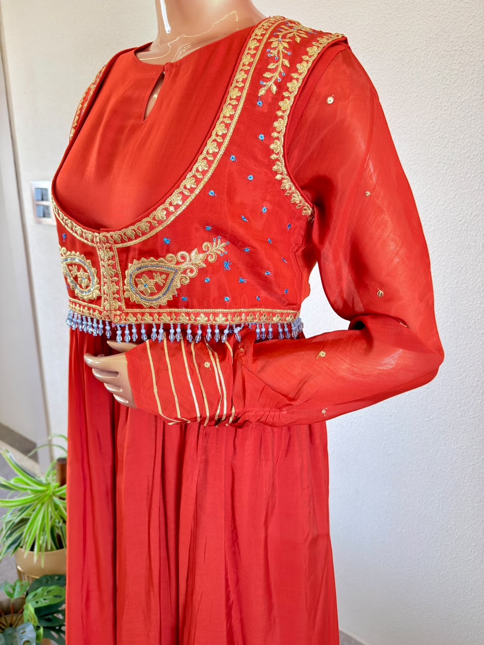 Embroidered Waistcoat Jacket Frock Suit with Pant & Tissue Dupatta