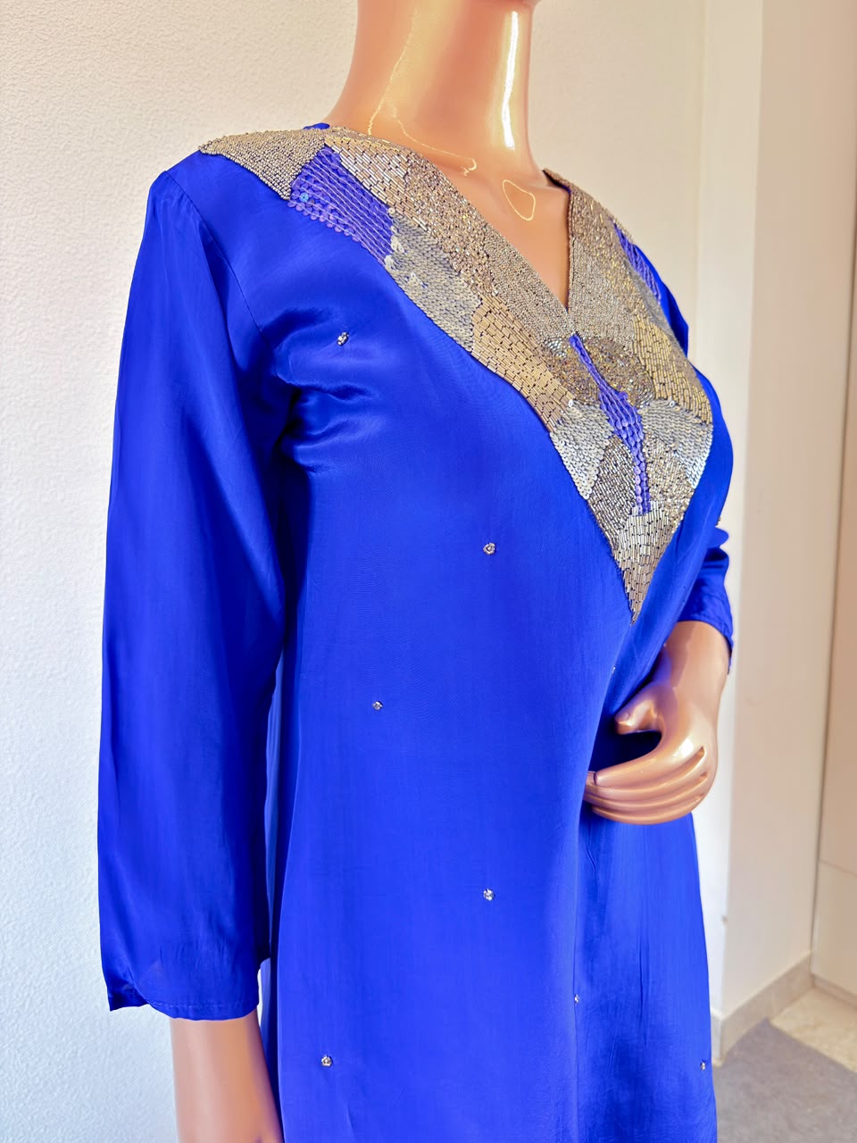 Sequin Embellished V-Yoke Royal Blue Crepe Co-Ord Set