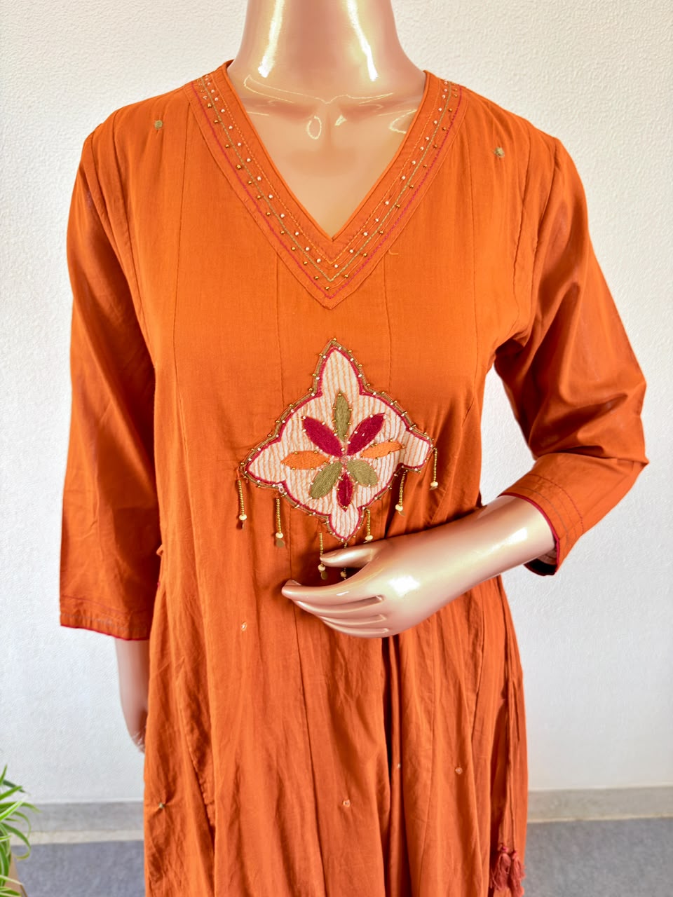 Mul Cotton Anarkali Suit Set with Embroidered Floral Applique Work