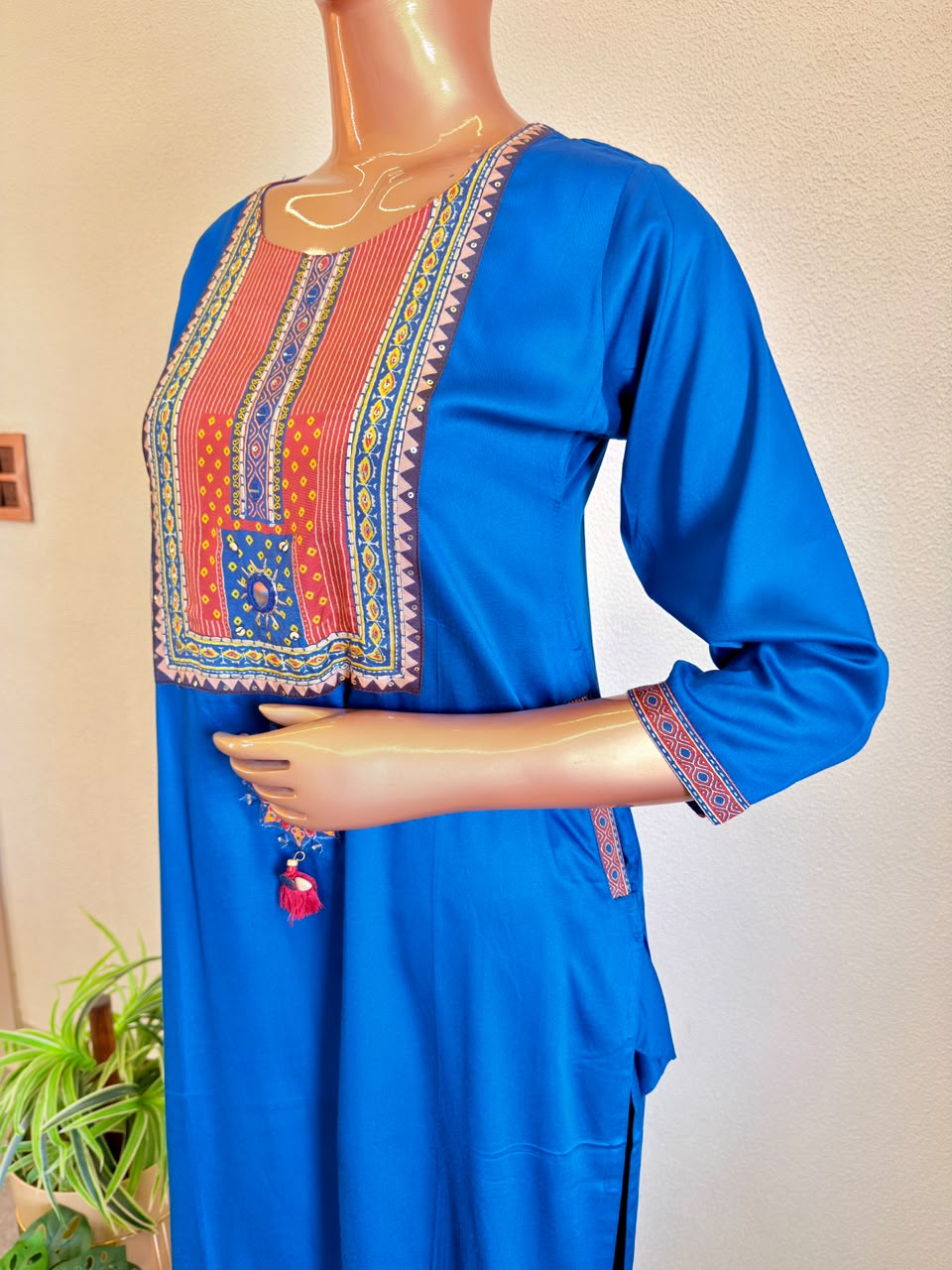 Modal Silk Suit Set with Contrast Ajrakh Print Yoke and Dupatta
