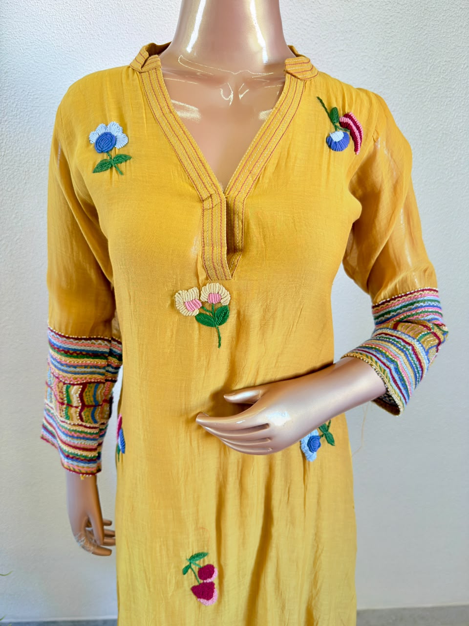 Adda Work V-Neck Mul Chanderi A-Line Suit Set with Embroidered Floral Motifs - Mustard Yellow