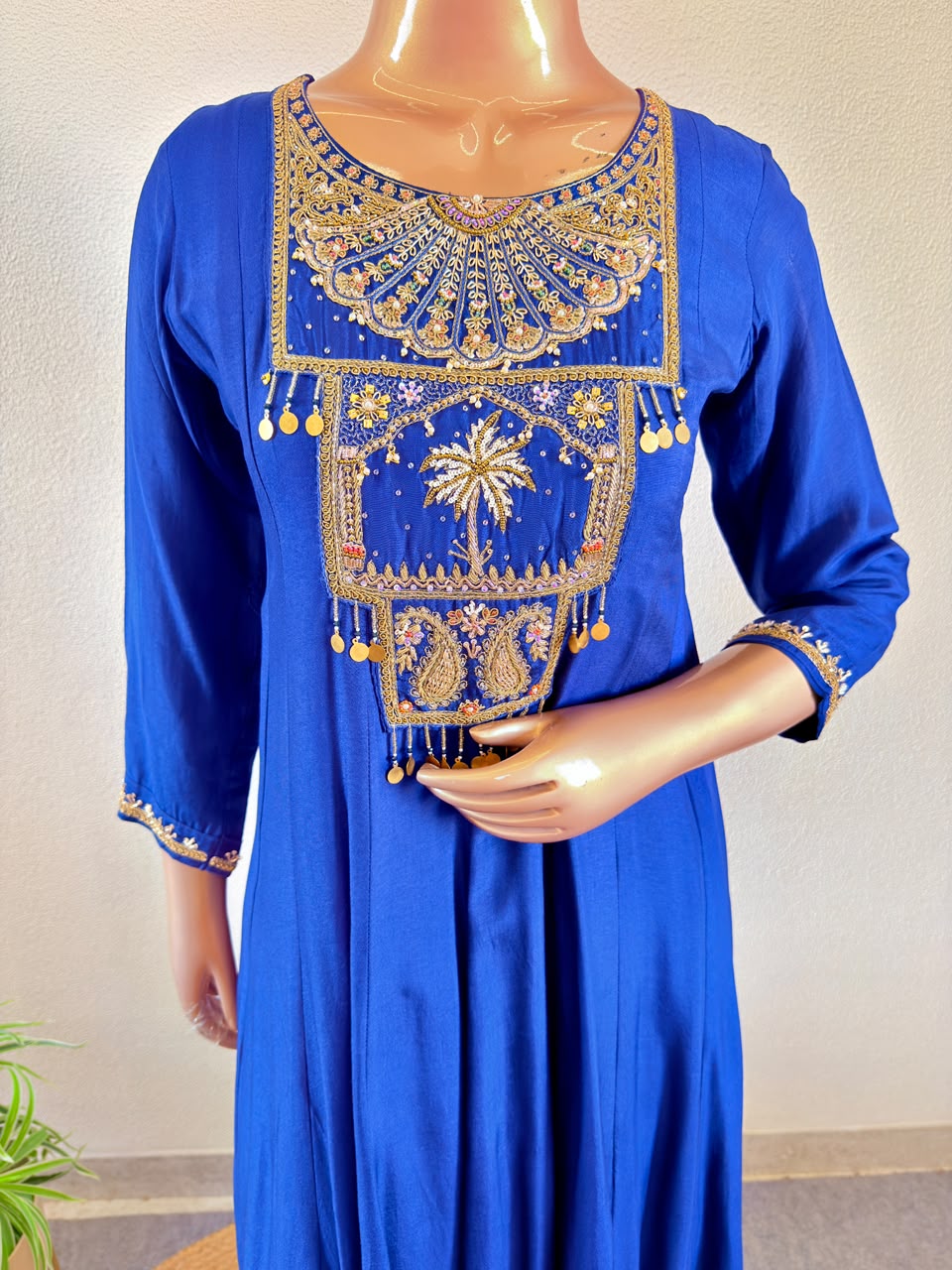 Coin Charms & Zardozi Embroidered Yoke Anarkali Silk Suit Set with Scalloped Dupatta