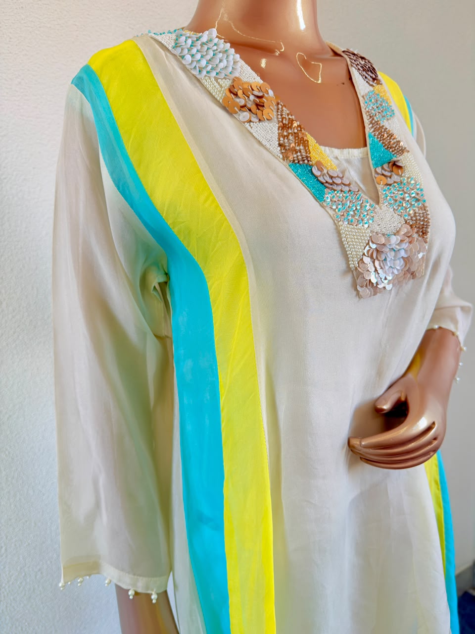 Cutdana & Sequin Encrusted Neckline Color-Blocked organza Co-Ord Set