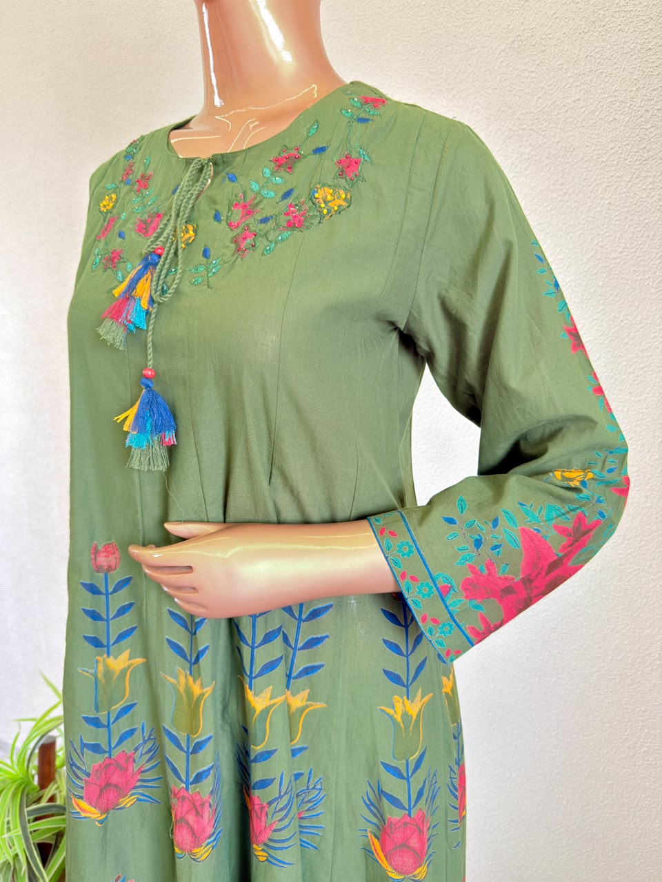 Floral Print Moss Green Anarkali Set with Tassel Neckline Tie-Ups