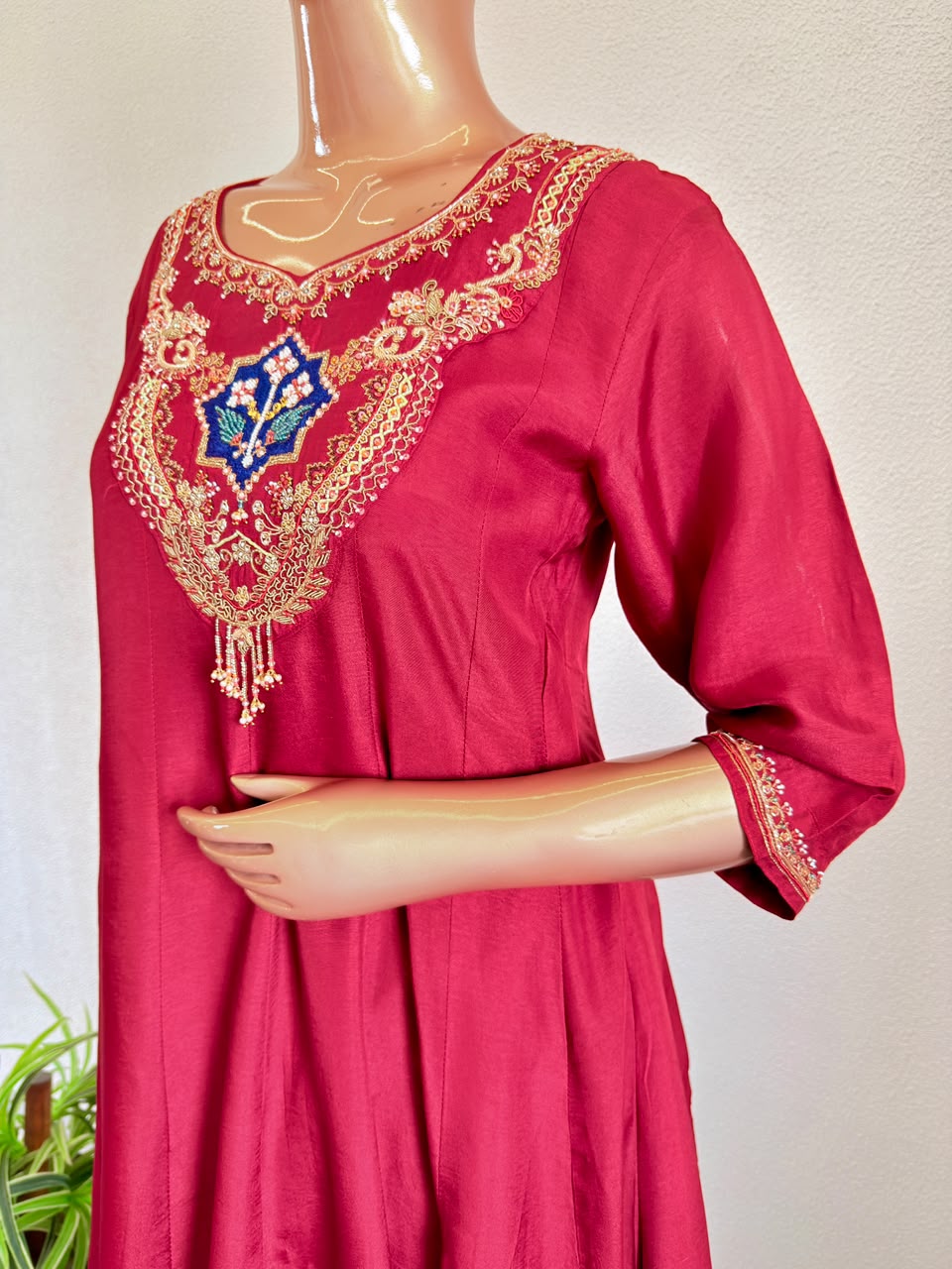 Zardozi Embroidered Neck Flared Silk Anarkali Suit Set with Scalloped Dupatta