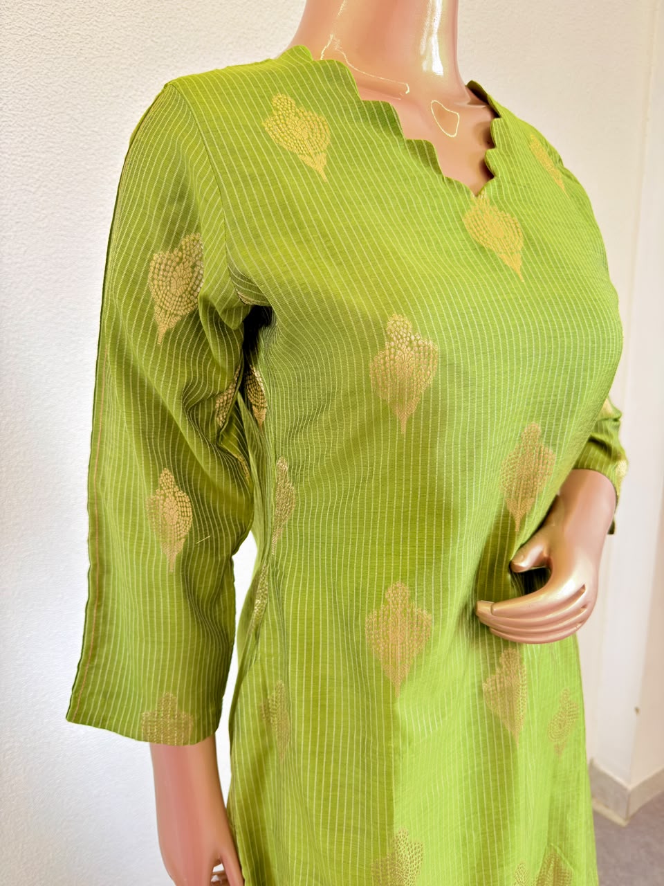 Zari Boota Chanderi Silk A-Line Suit Set with Gold Border Dupatta & Trousers - Olive