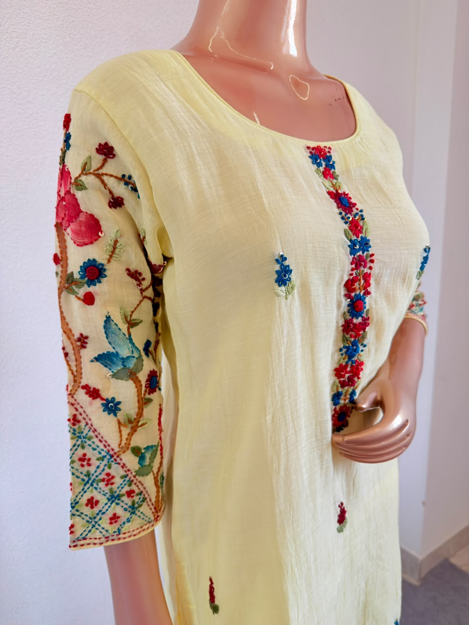 Floral Resham Embroidered Sleeve Lemon Yellow Chanderi Silk Suit Set with Trousers & Dupatta
