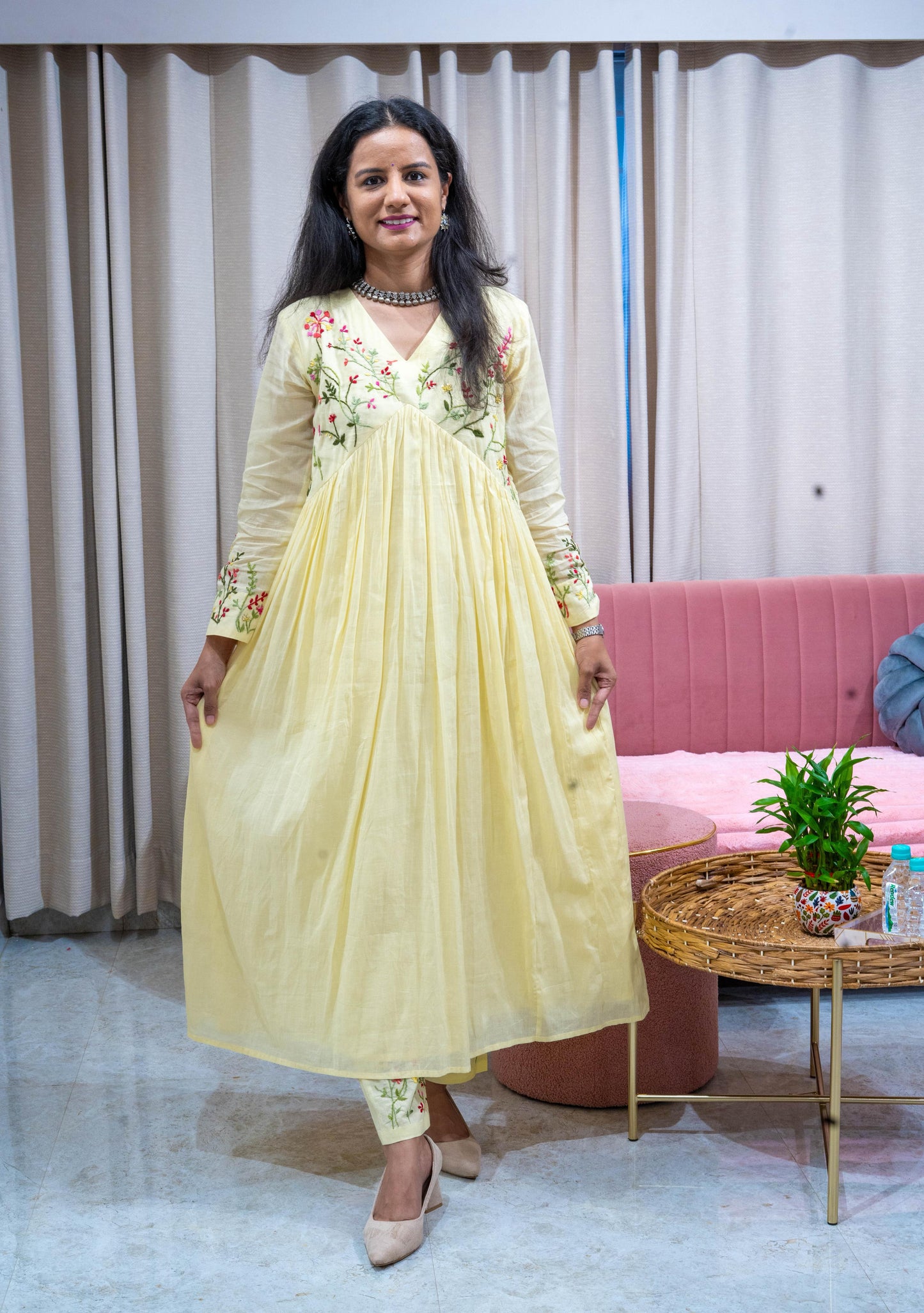 Malai Cotton Frock Suit Set with Hand Embroidery - Yellow