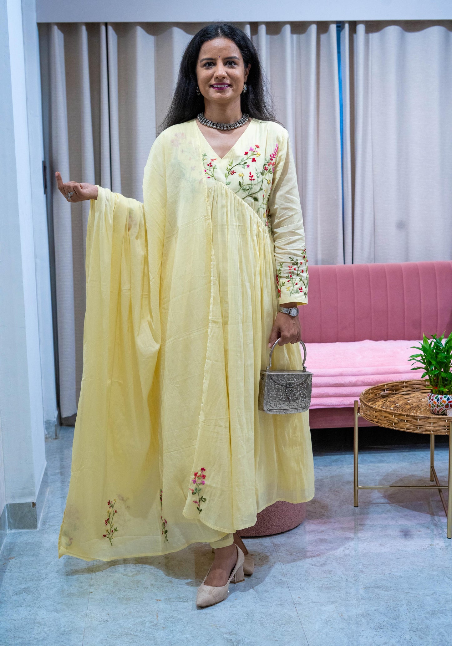 Malai Cotton Frock Suit Set with Hand Embroidery - Yellow