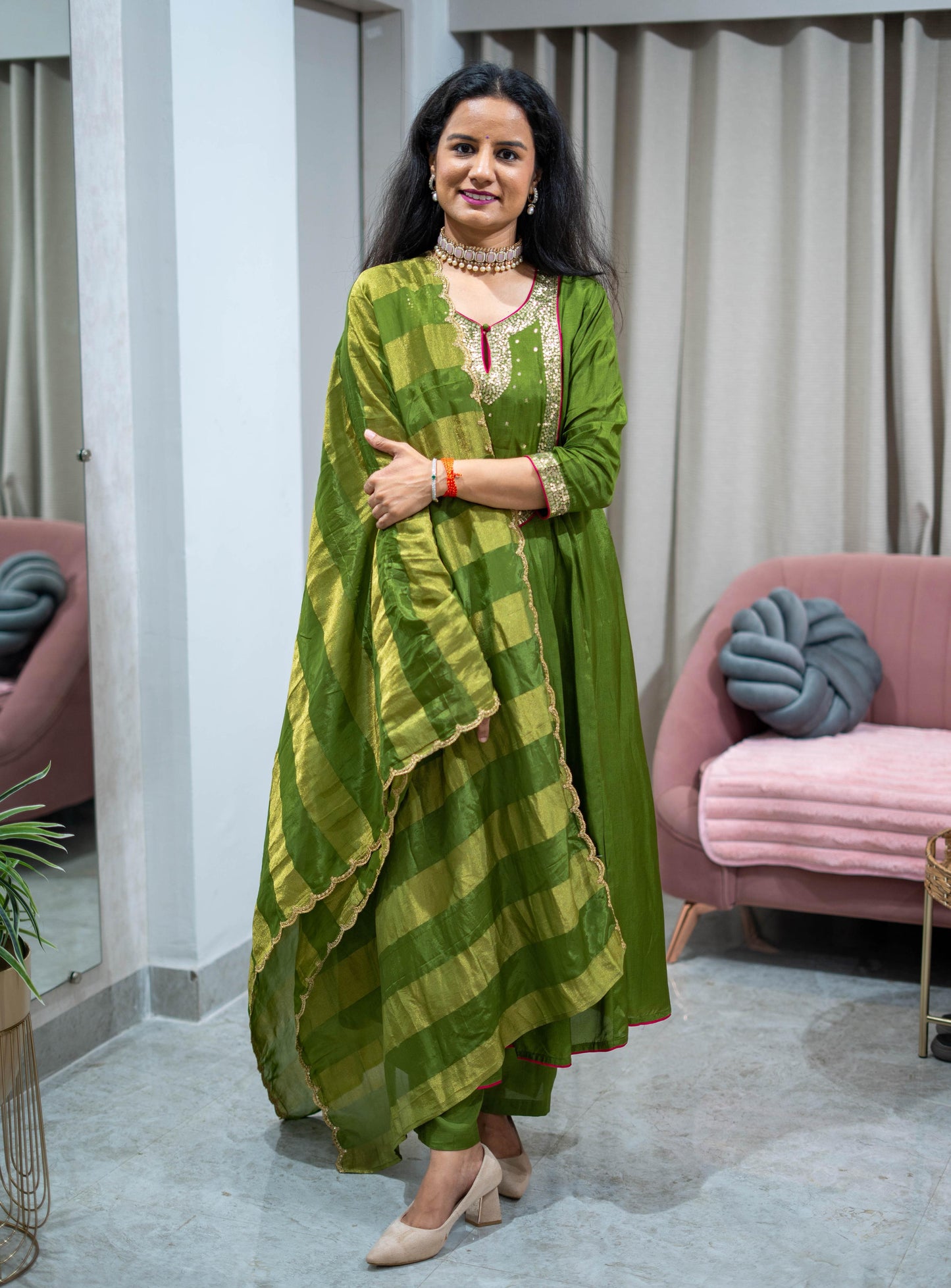 Silk Frock Suit Set With Shimmer Dupatta