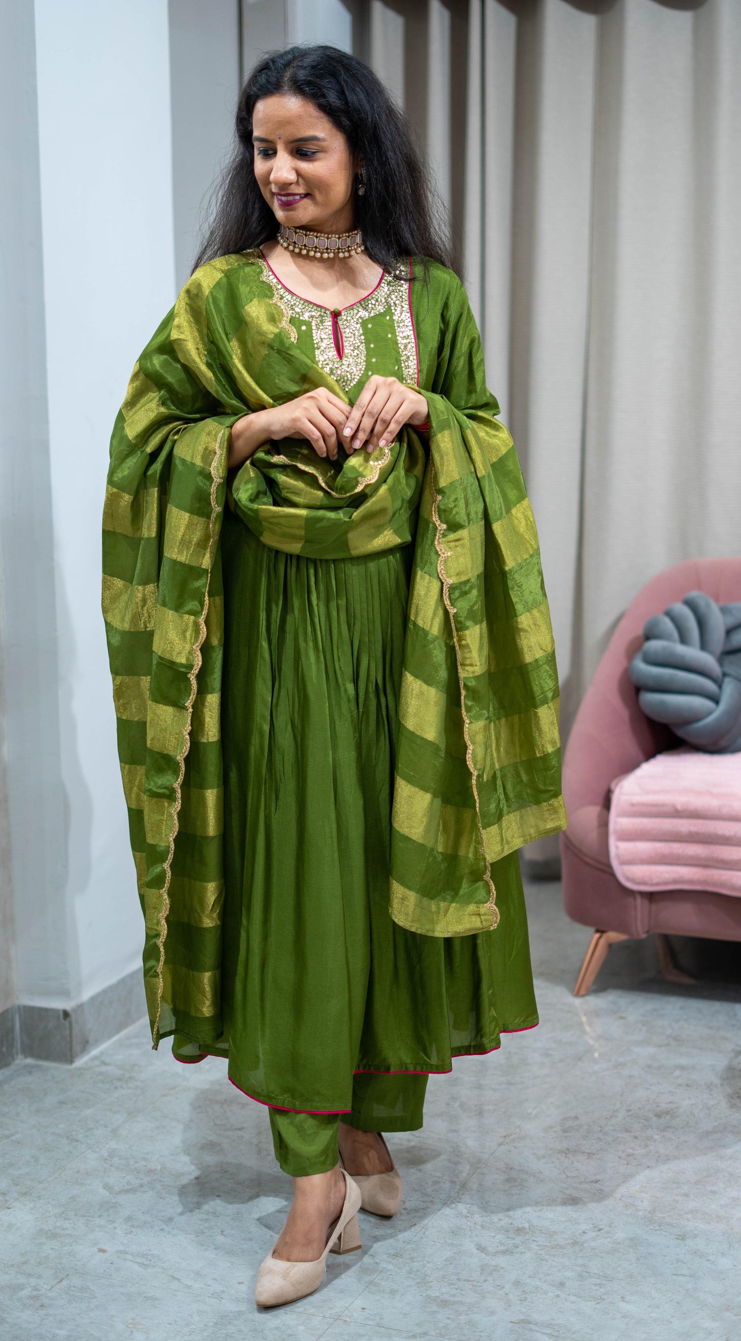 Silk Frock Suit Set With Shimmer Dupatta