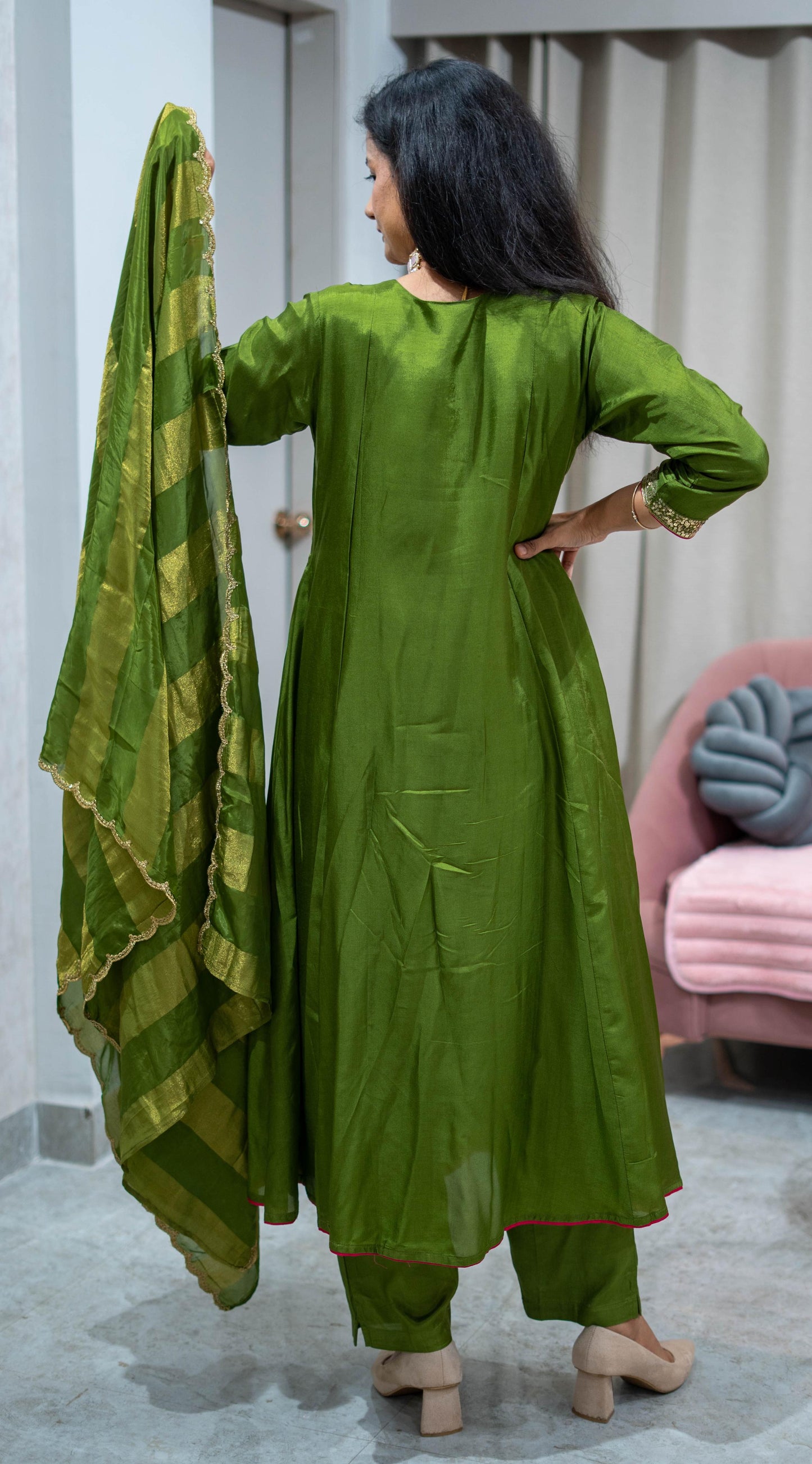 Silk Frock Suit Set With Shimmer Dupatta