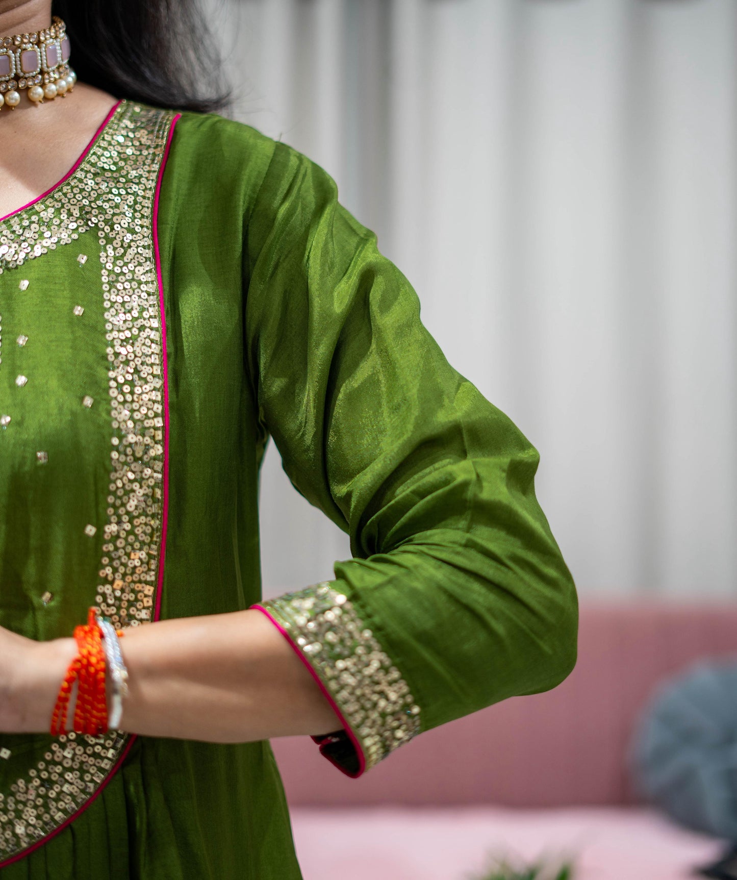 Silk Frock Suit Set With Shimmer Dupatta