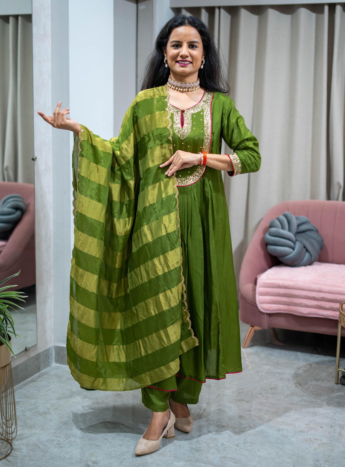 Silk Frock Suit Set With Shimmer Dupatta