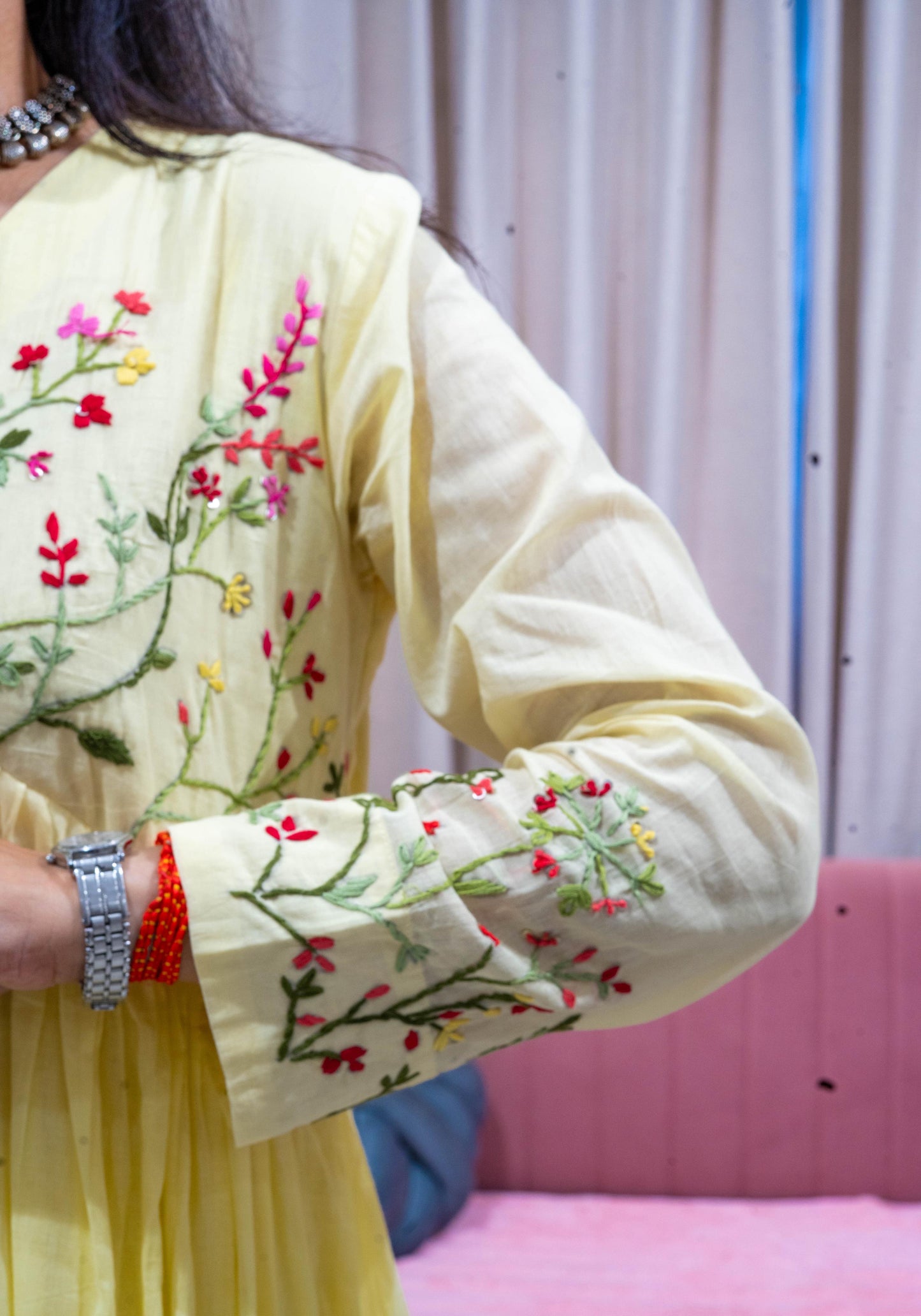 Malai Cotton Frock Suit Set with Hand Embroidery - Yellow