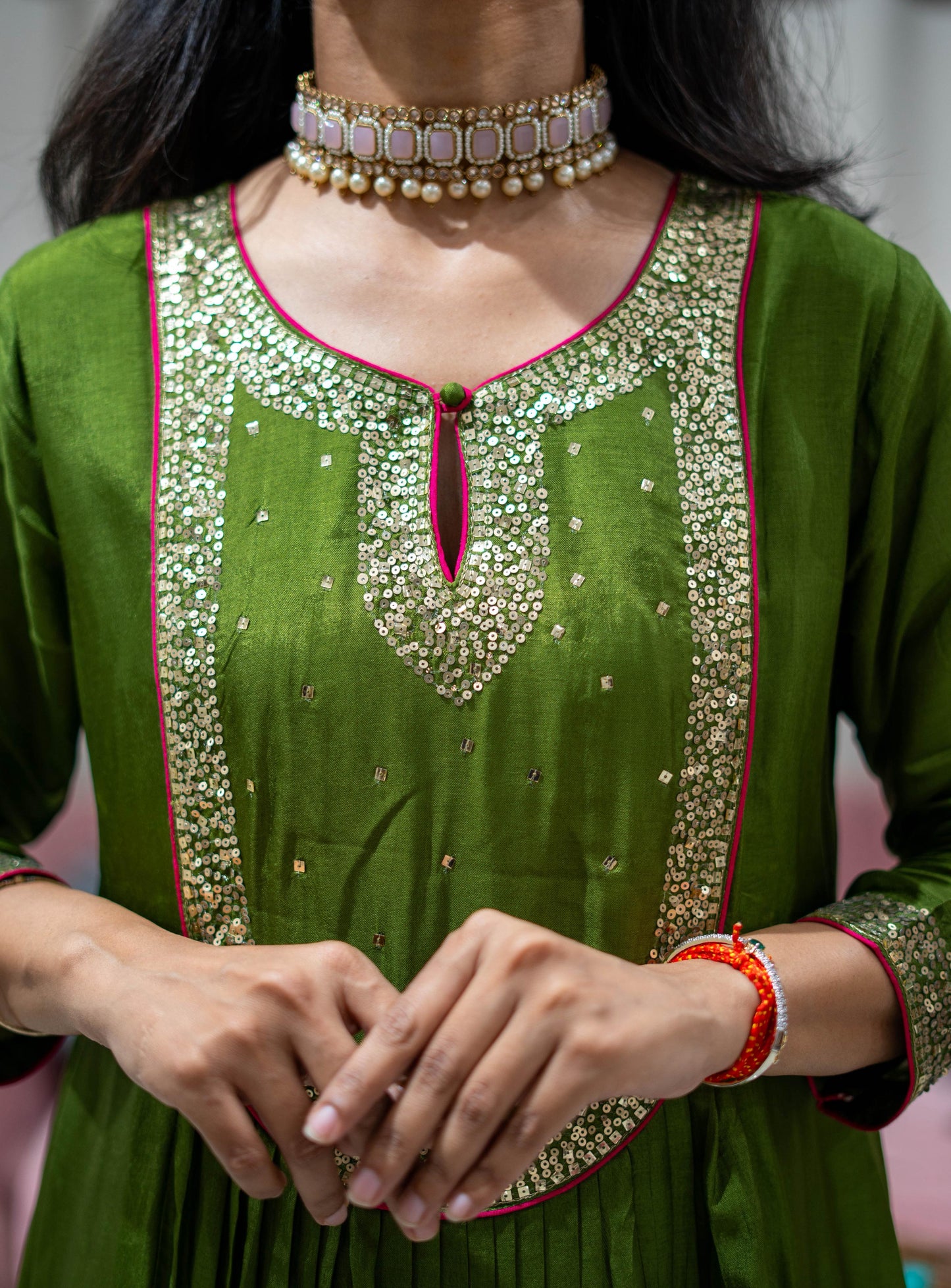 Silk Frock Suit Set With Shimmer Dupatta