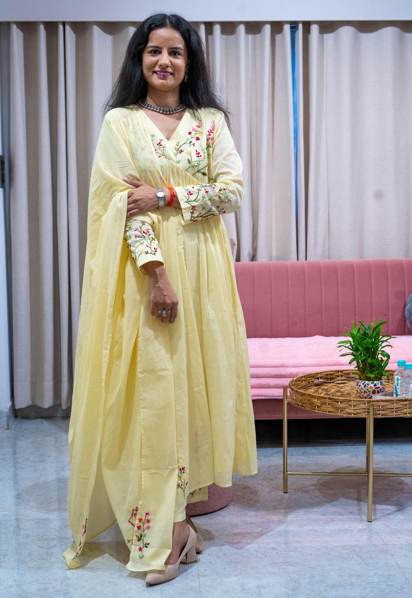 Malai Cotton Frock Suit Set with Hand Embroidery - Yellow
