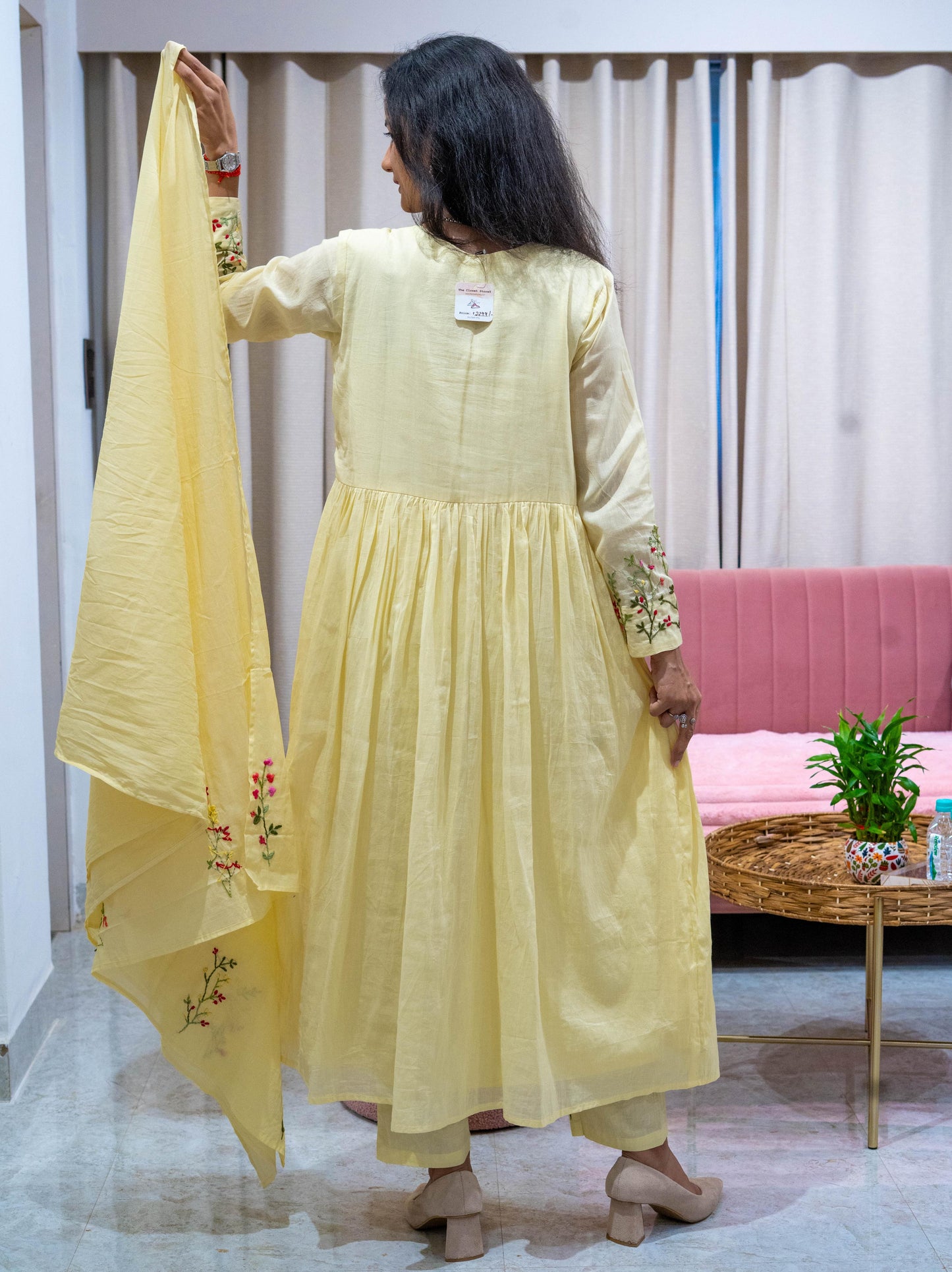 Malai Cotton Frock Suit Set with Hand Embroidery - Yellow