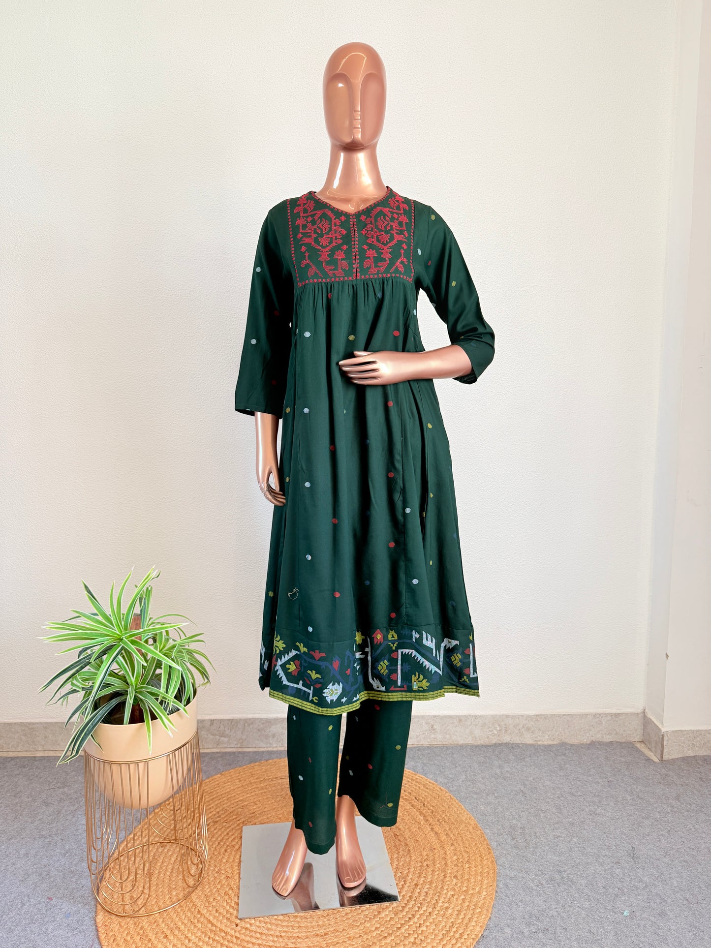 Deep Green Embroidered Round-Neck Kurti with Matching Printed Trousers