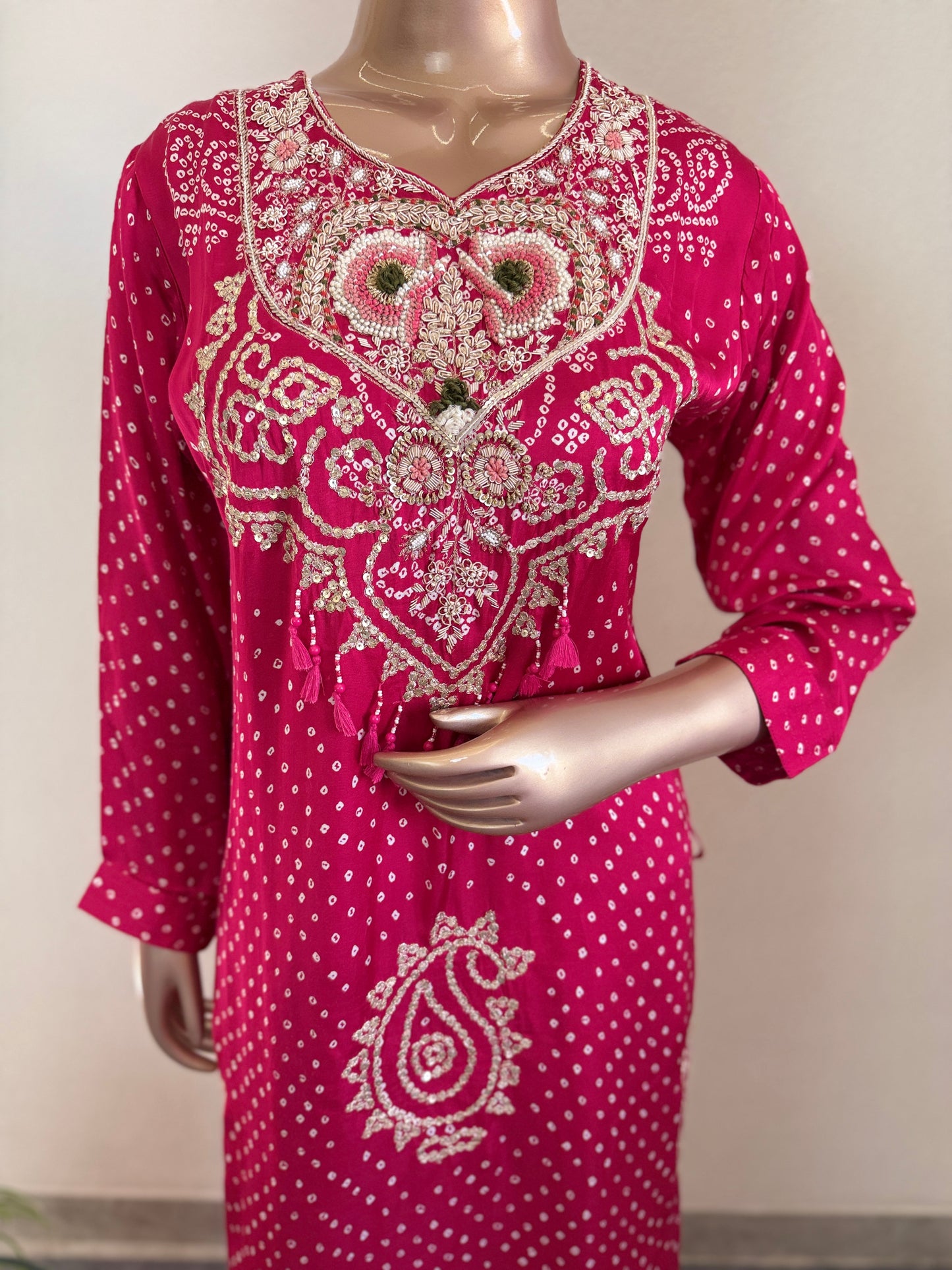 Modal Silk Bandhani Print Suit Set with Heavy work on Yoke