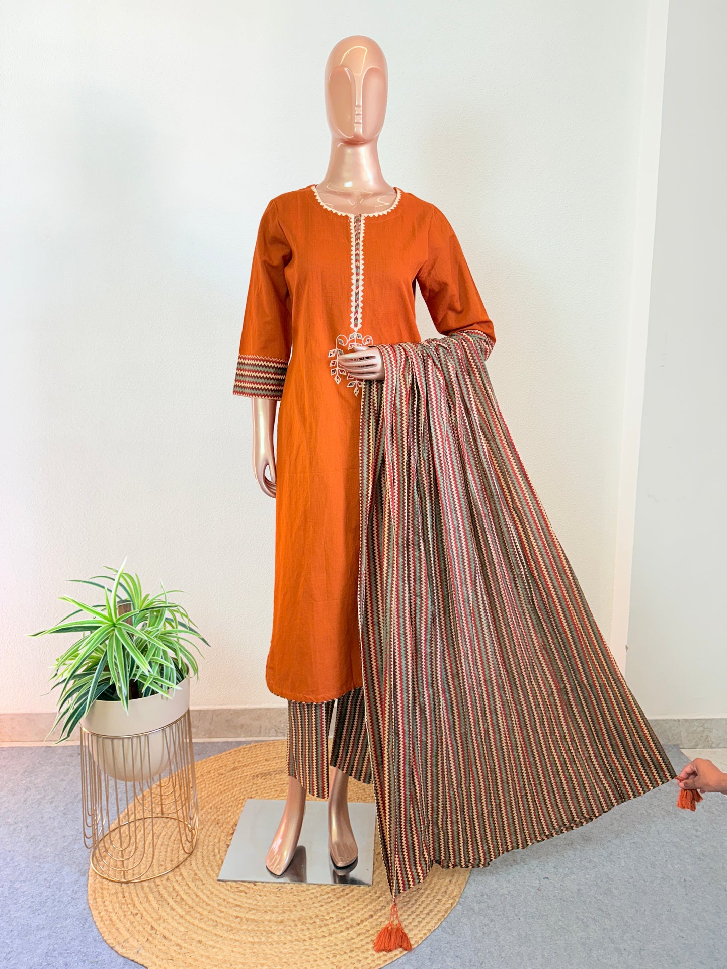 Cotton Linen Suit Set with Zig Zag Palazzo & Dupatta