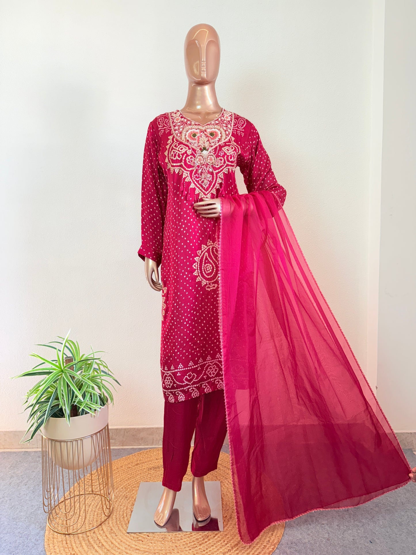 Modal Silk Bandhani Print Suit Set with Heavy work on Yoke