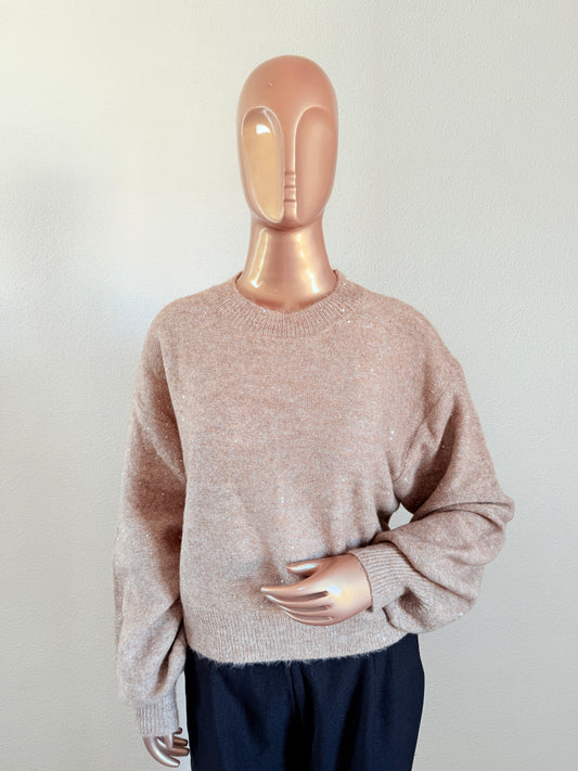 Knitted Woollen Top with Shimmer & Sequin Detail - Beige