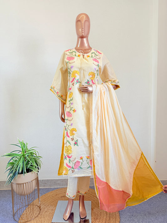Thread Embroidered Cotton Silk Suit with Side Tissue Panel