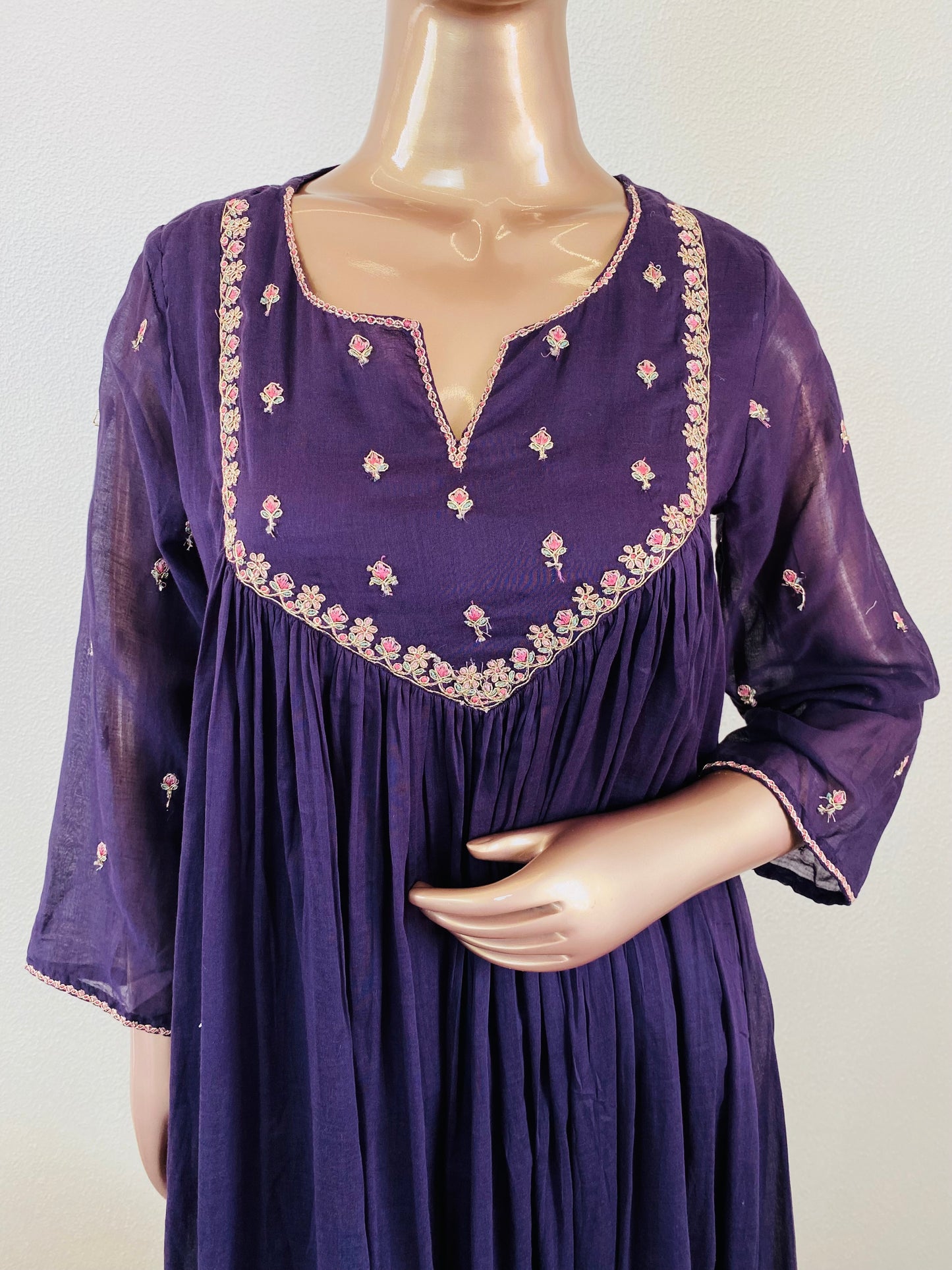 Embroidered Yoke Mul Cotton Frock Suit - Purple