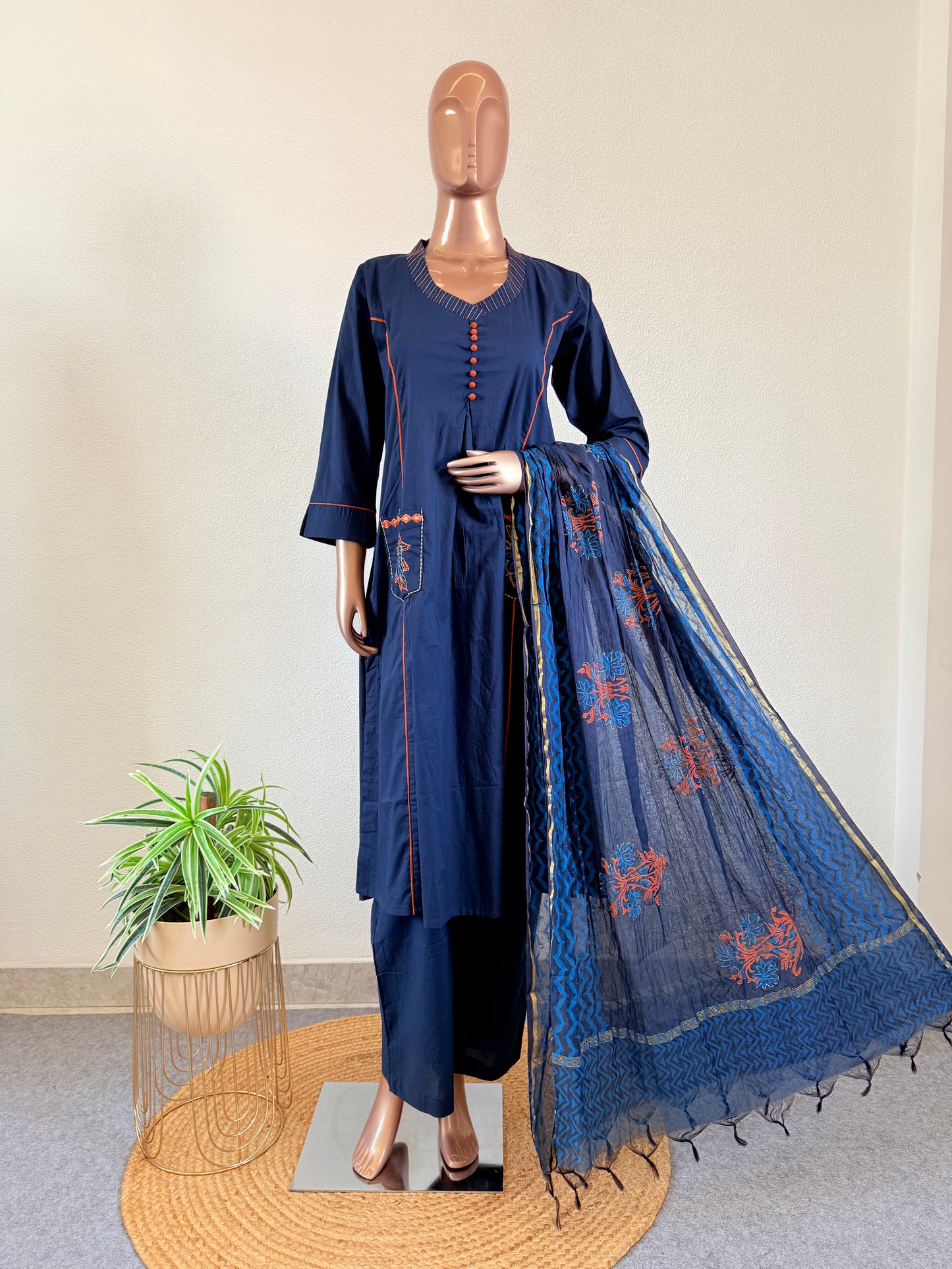 Cotton Suit Set with Chanderi Han Block Print Dupatta