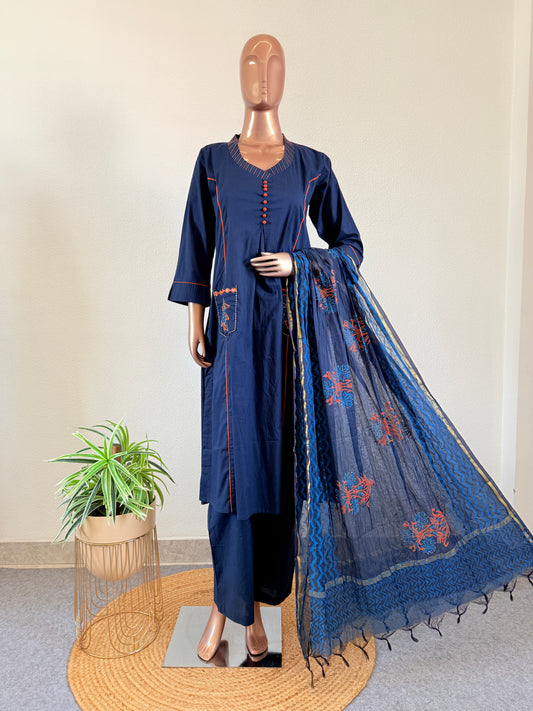 Cotton Suit Set with Chanderi Han Block Print Dupatta