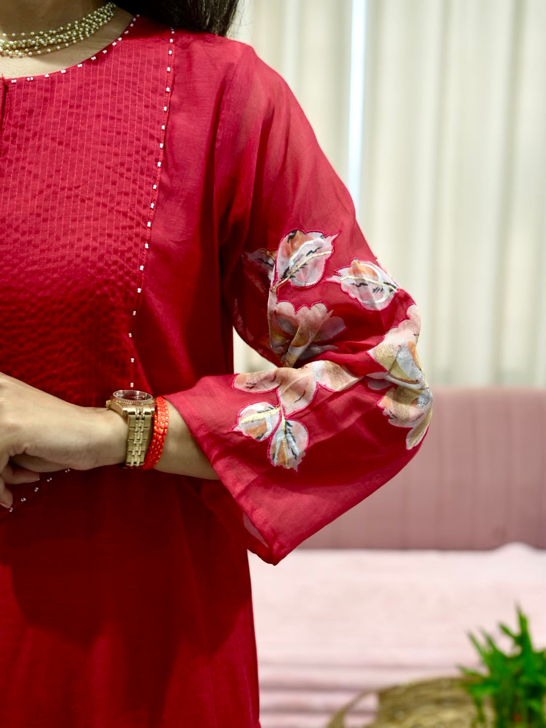 Silk Suit Set with Appliqué work on sleeves