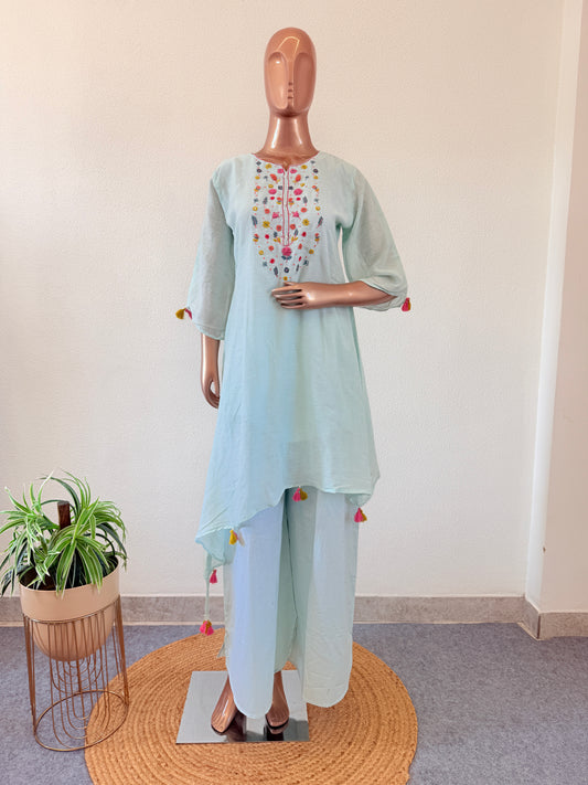 Mul chanderi Kurta Pant Set with Hand Work
