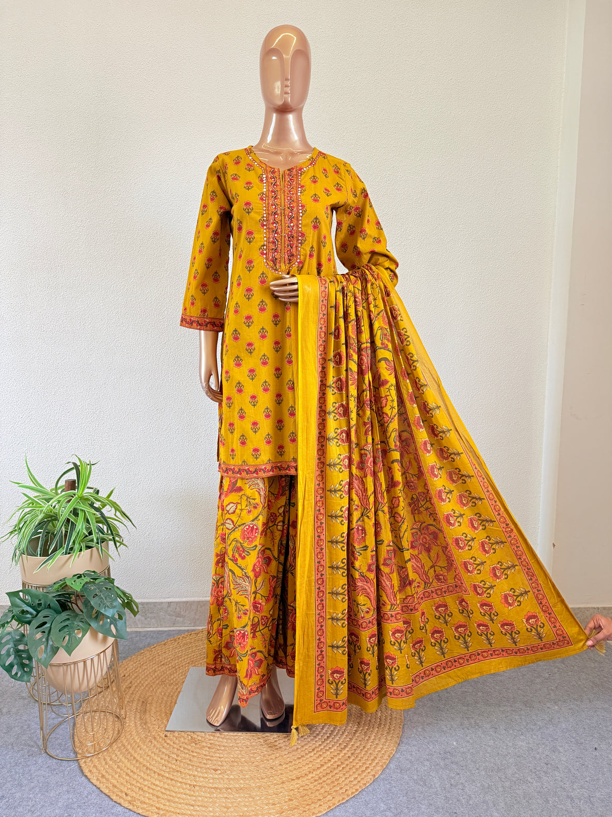 Mirror & Beadwork Embroidered Cotton Suit Set with Flared Sharara Palazzo