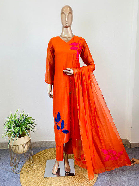 Mul Chanderi Suit Set with Appliqué Work