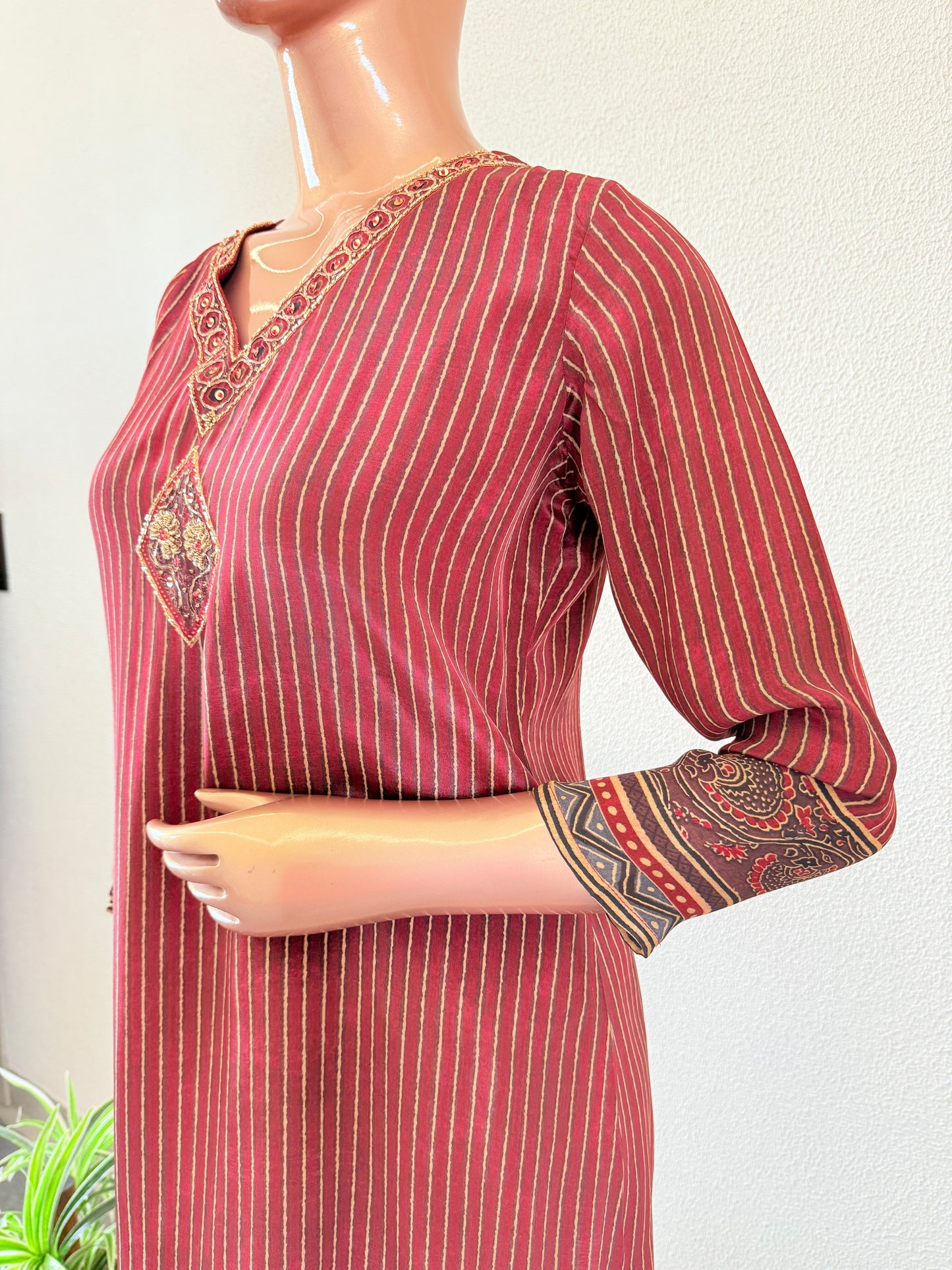 Ajrakh Digital Print Crepe Suit Set with V Neck Line