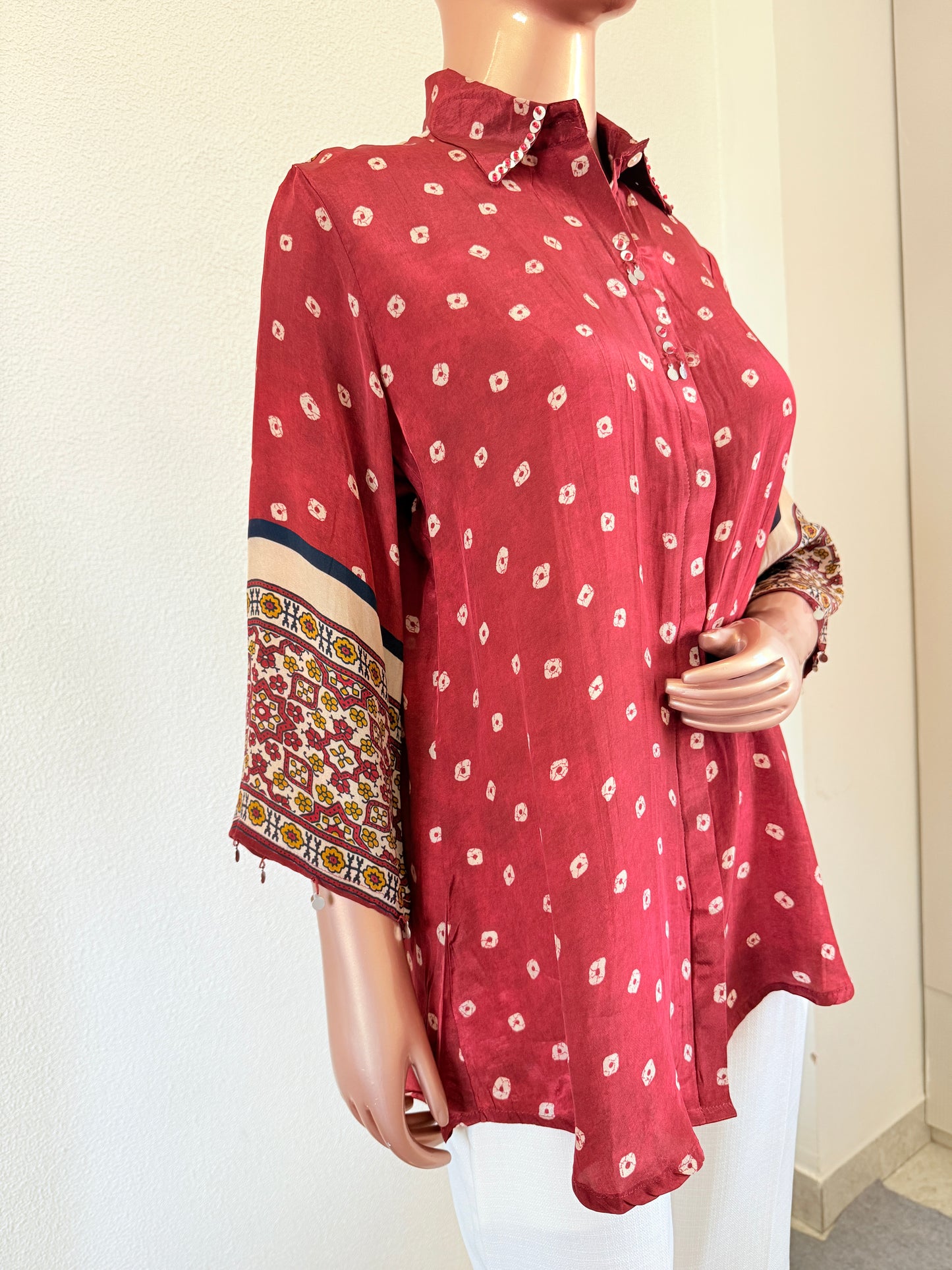 Muslin Bandhani Shirt  - Red