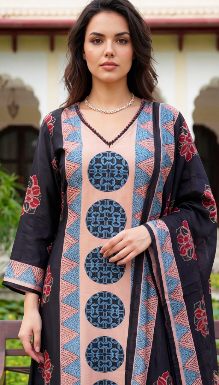 Ajrakh Print Silk suit with Organza Dupatta