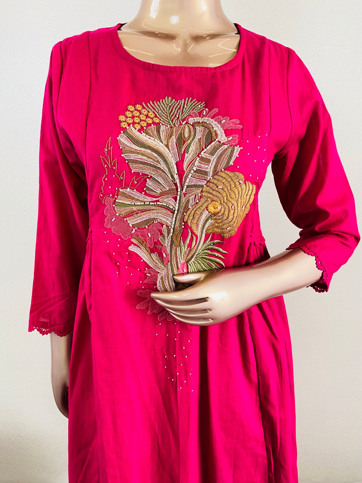 Embroidered Silly Cotton A-line Suit Set - Hot Pink