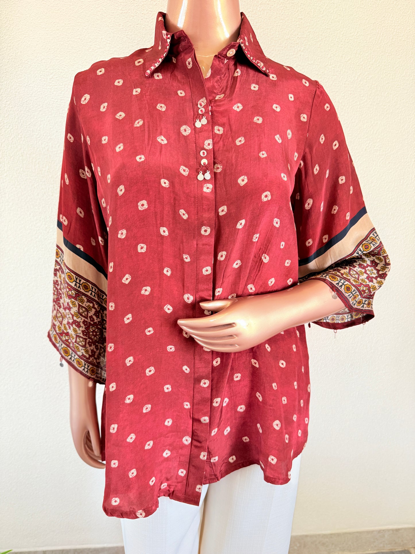 Muslin Bandhani Shirt  - Red