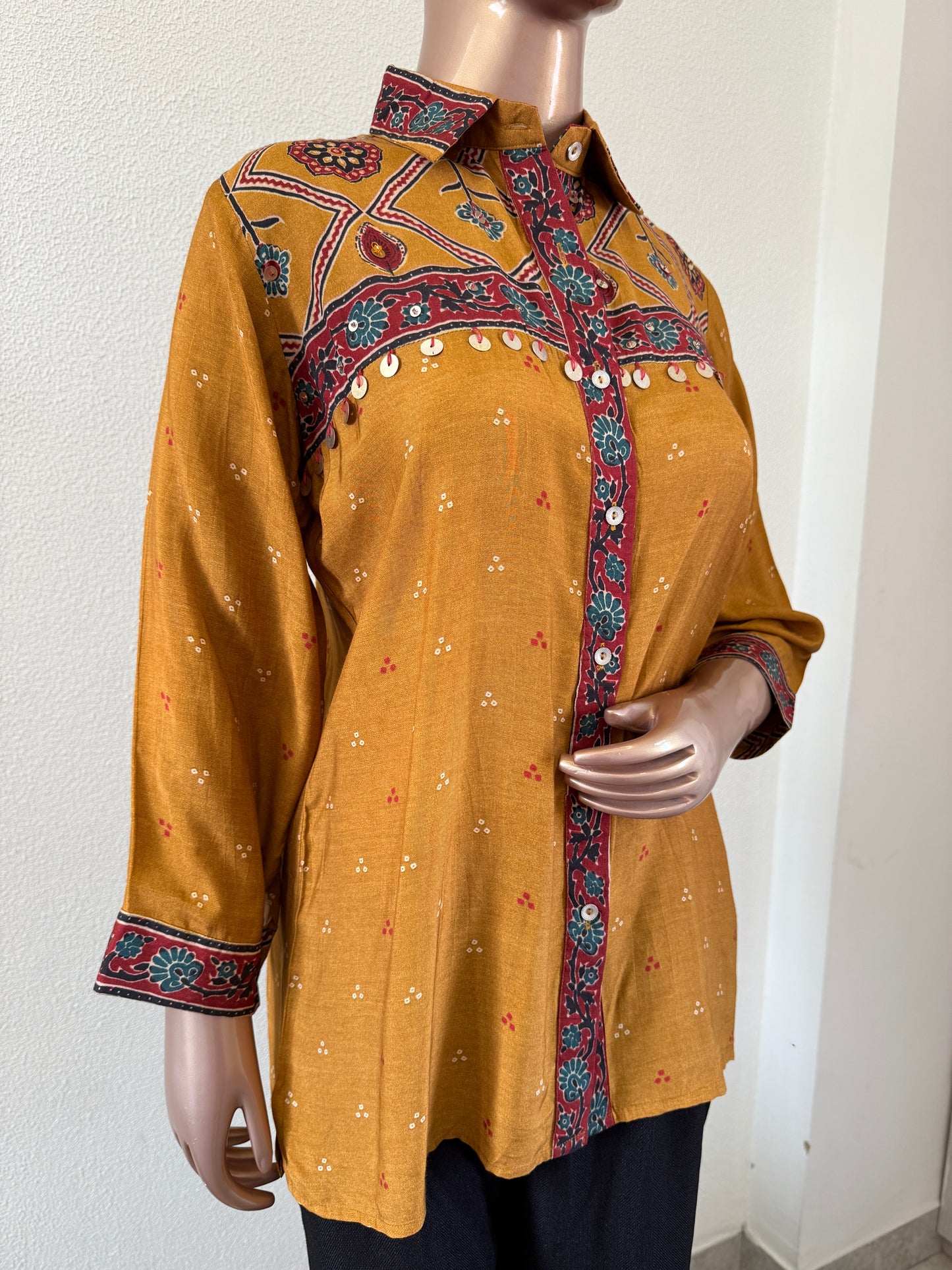 Digital Ajrakh Print Muslin Shirt- Mustard