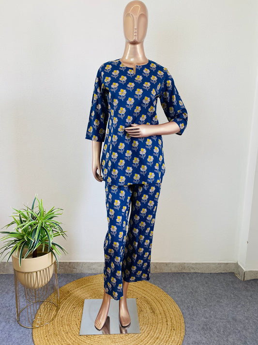 Block Print Cotton Lounge Wear - Blue