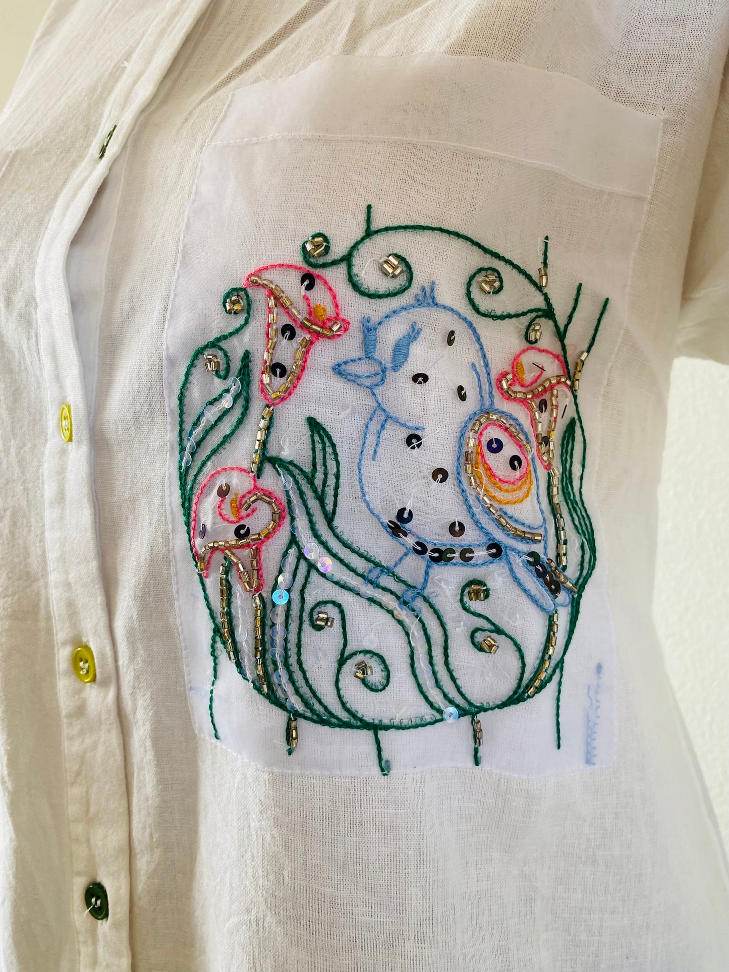 Pure Linen Shirt with Embroidered Organza Pocket