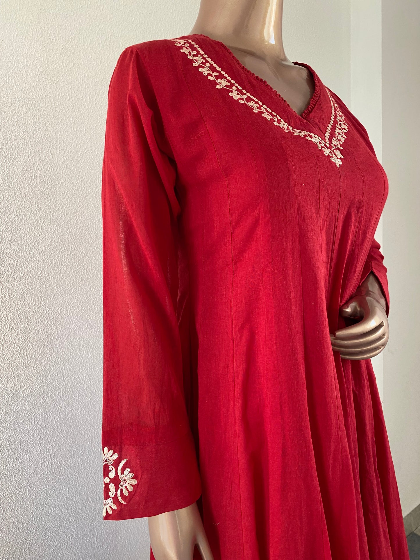 Pittan Work cotton Anarkali with Kota Doria Dupatta- Red