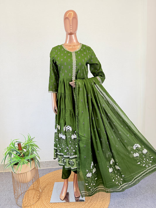 Block printed Cotton Tiered Pattern Frock suit set