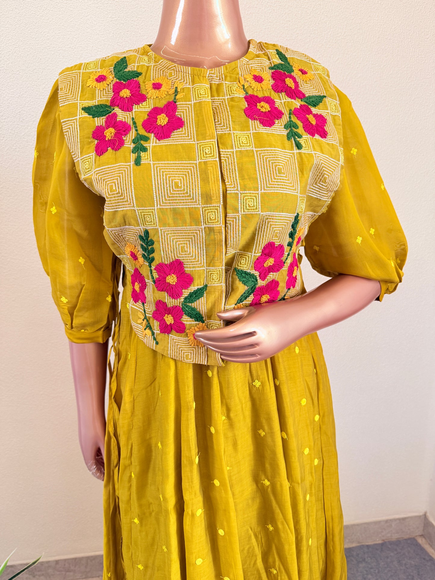 Olive Mustard Chanderi Anarkali Kurta Set with Embroidered Koti Jacket and Pants